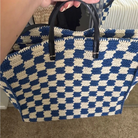 CLARE V Blue and White Checkered Tote Bag - Picture 2 of 3